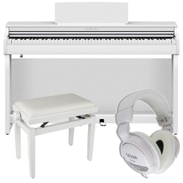 Baltas Yamaha YDP 145 digitālās klavieres ar klavieru soliņu un austiņām komplektā