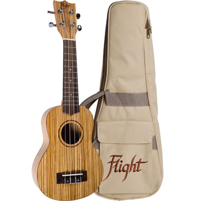 Dabīga koka brūna soprāna ukulele Flight ar ukuleles somu komplektā DUS-322-ZEB