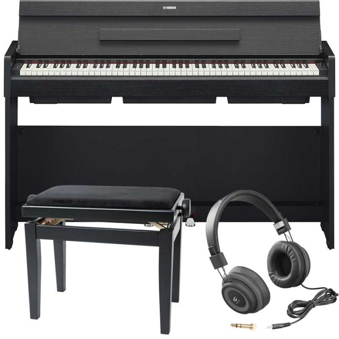 Yamaha Arius YDP melnas digitālās klavieres ar klavieru krēslu soliņu un austiņām