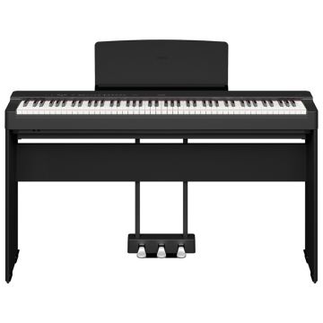 Yamaha P 225 digitālās klavieres ar kājām un trīs pedāļu sistēmu melnā krāsā uz balta fona